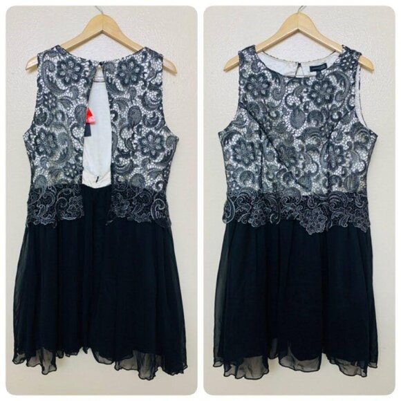 London Times Lace Open Back Tulle Mesh Cocktail Dress Size 14 Black Silver - Picture 2 of 11